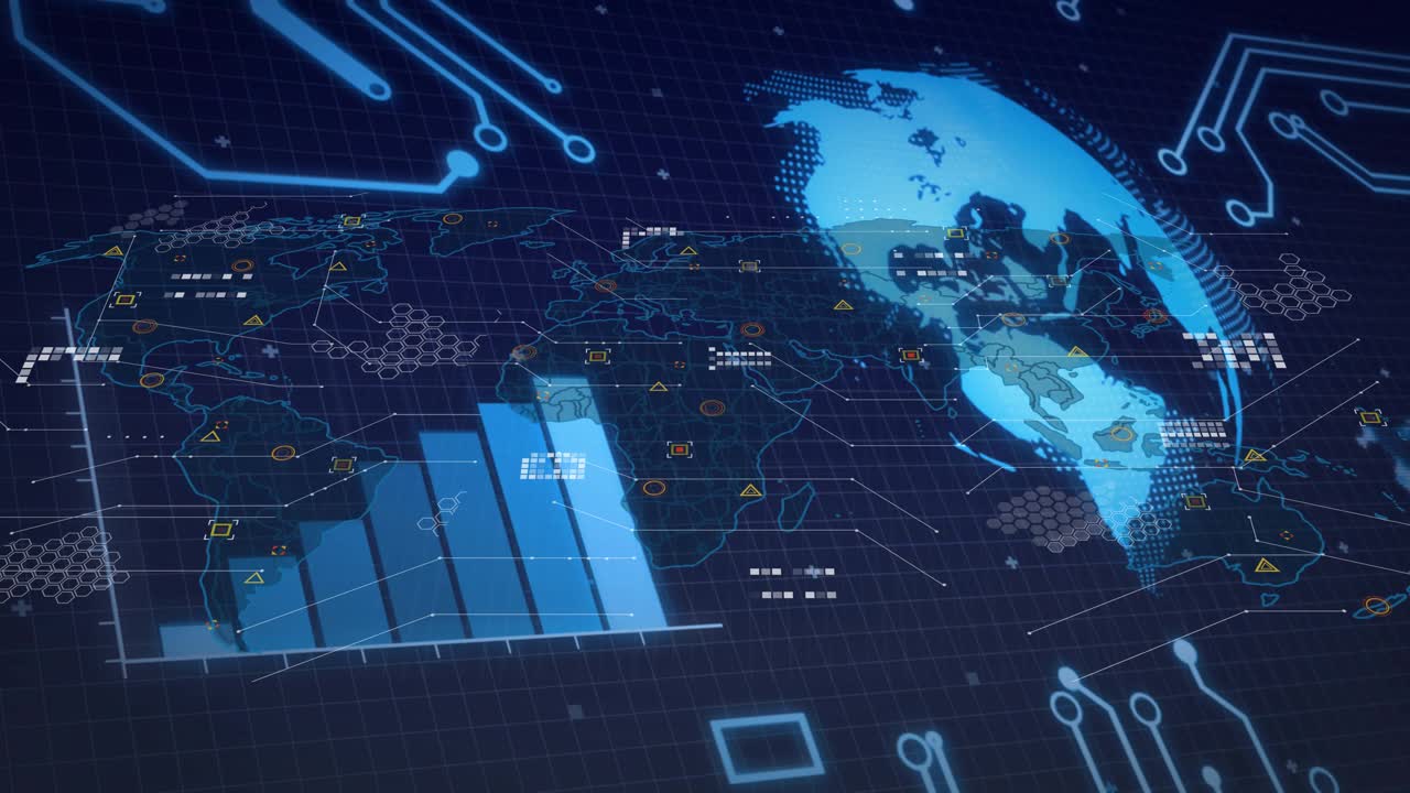 Upon circuit nodes animating, holographic globe rotating as bars rising visualizing data trends