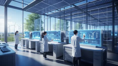 innovative renewable energy research center focused on wind and solar solutions: scientists analyzing data with high-tech displays in a modern laboratory environment