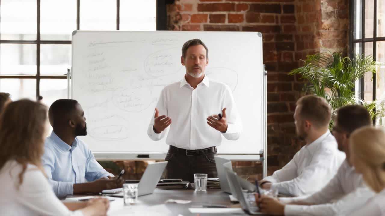 Dinamica riunione di lavoro che preannuncia un'interazione di gruppo mentre un relatore coinvolge i partecipanti con intuizioni e idee in un moderno ambiente di lavoro