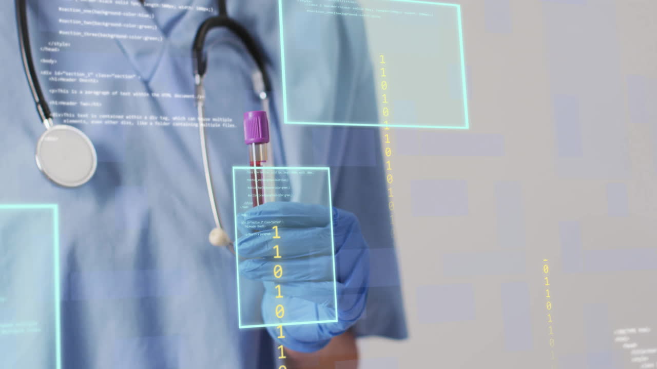 tubo de ensayo, profesional de la salud con animación de procesamiento de datos superpuesta