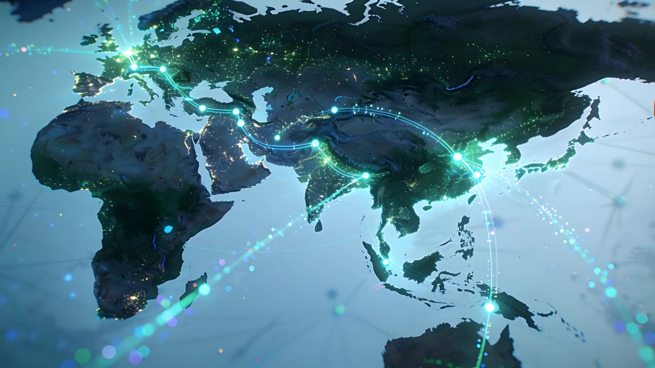 Starting 3D map on Eurasia, luminous nodes pulsing, arcs guiding particle trails toward Australia