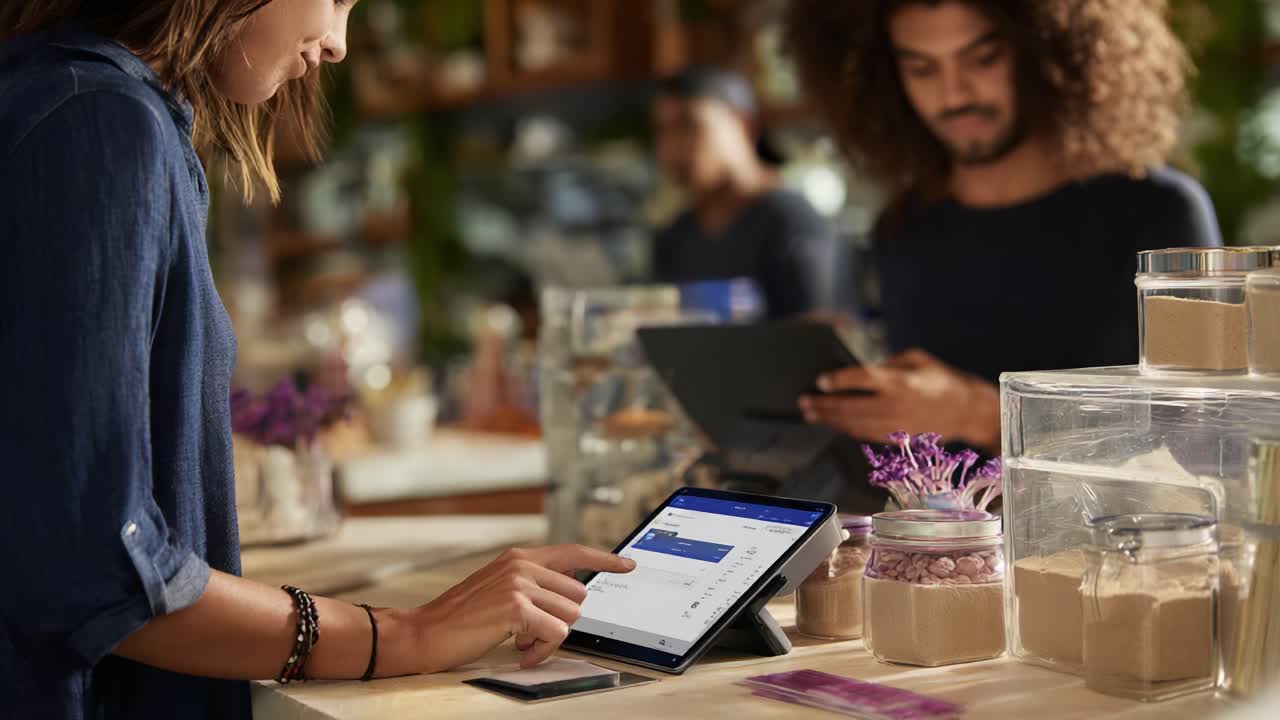 A young woman engaged in using a tablet for digital tasks in a cozy café setting, showcasing modern technology integration with a focus on productivity and customer interaction