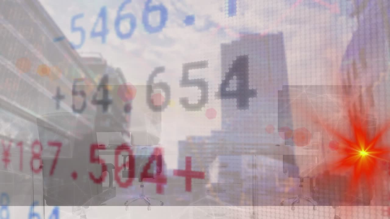Animation af rødt lyspunkt og behandling af stock market data mod høje bygninger