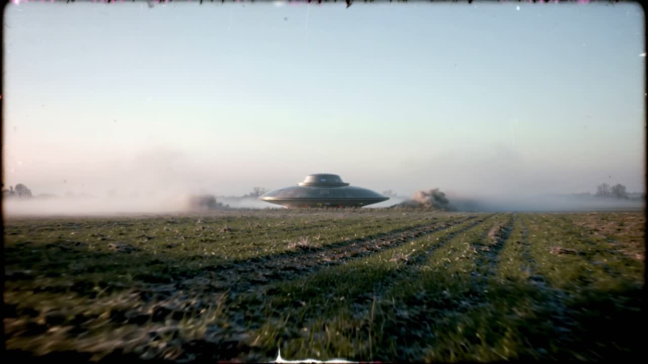 Vintage alien spacecraft hovering over foggy meadow at dawn