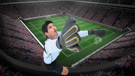 animation of goalkeeper reaching for ball over sports stadium