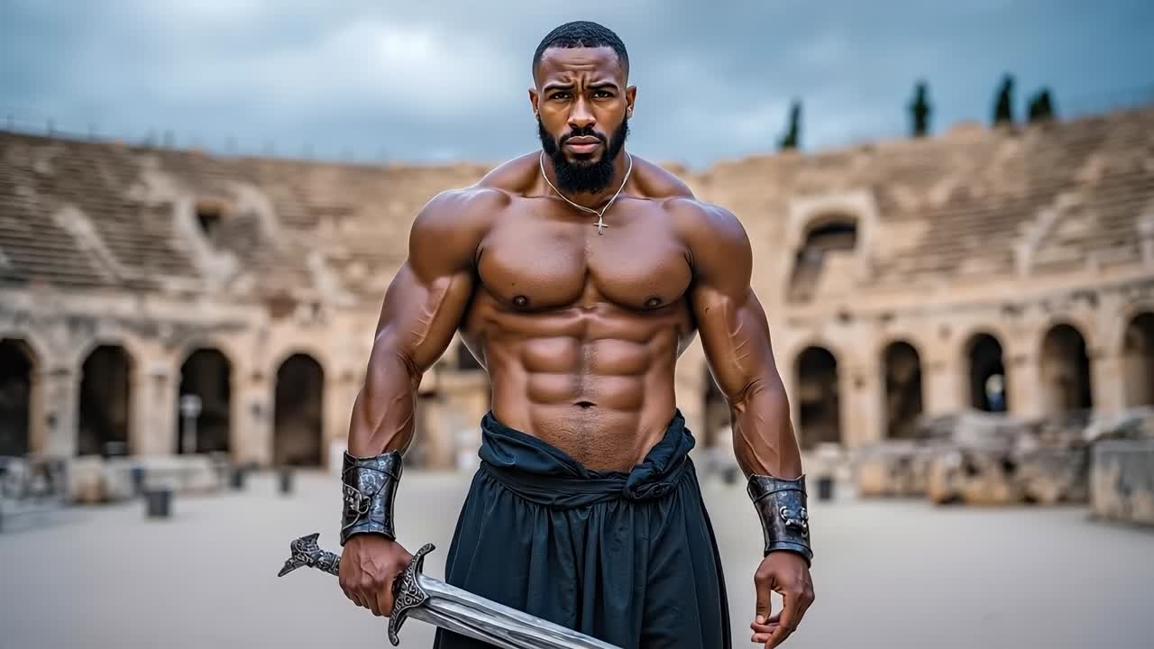A shirtless man holding a sword in front of an arena