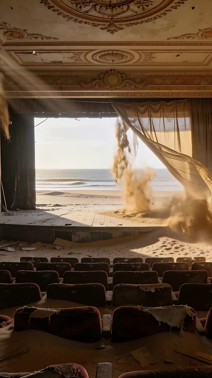 Vertical video: Blowing beach wind pushing sand across wood stage gap, beach theater, tearing drape