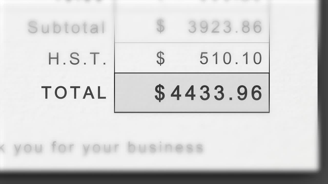 Static animation of a growing invoice total in Canadian Dollars with HST