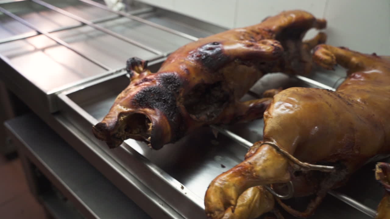 lechones recién asados - b-roll - ángulo alto sobre la cabeza a cámara lenta