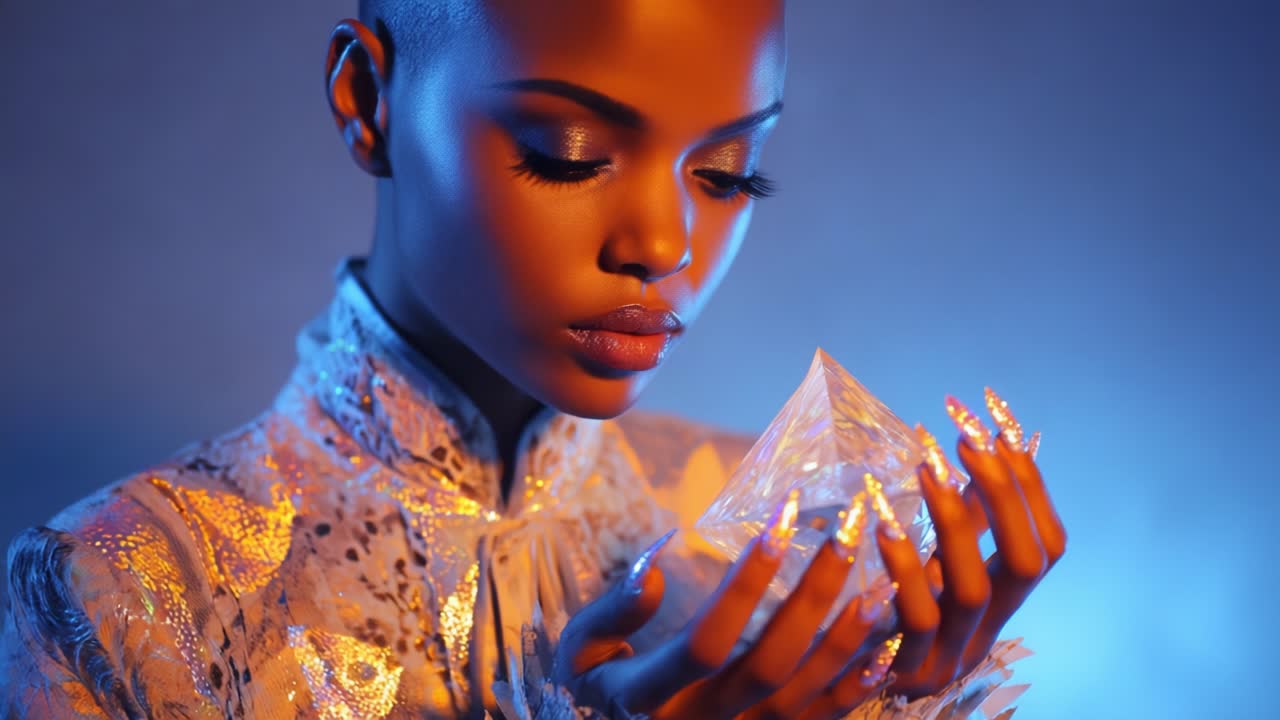 A Stunning Portrait of a Female Model Holding a Crystal Pyramid in a Dreamlike Atmosphere, Showcasing Ethereal Beauty, Elegance, and Artistic Expression Through Unique Lighting and Textures
