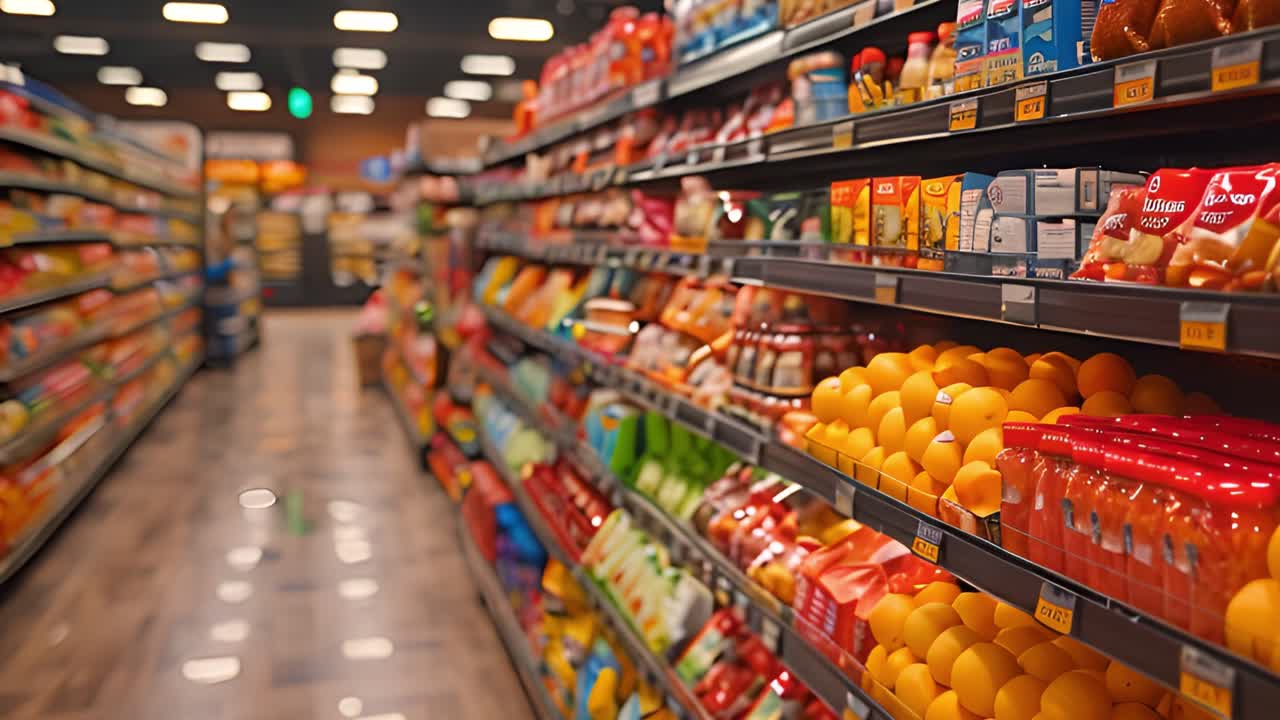 Utsikt over en supermarkedsgang fylt med forskjellige produkter.