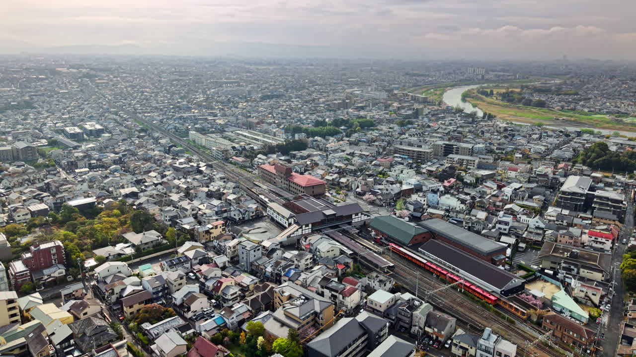 Aerial drone view of the Arashiyama district in Kyoto Japan in daylight