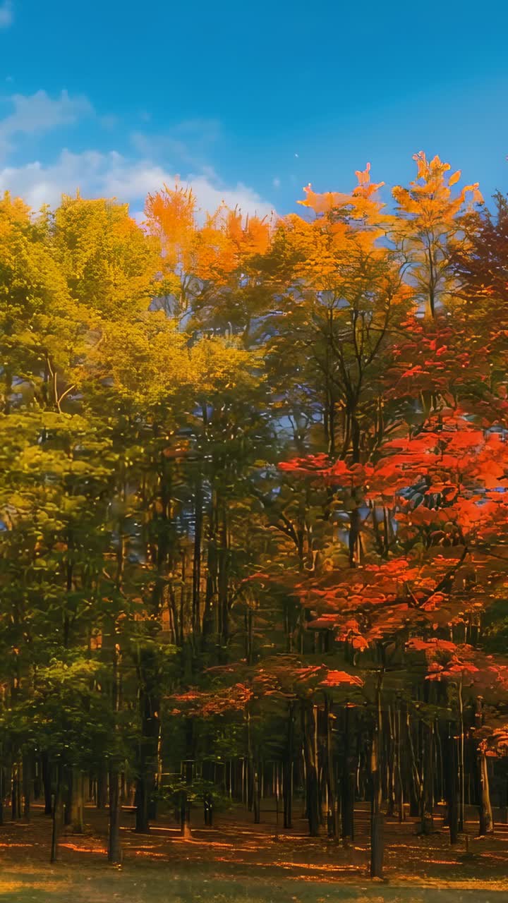 Vertical video: Camera capturing timelapse canopy shifting hues in forest, showcasing autumn leaves