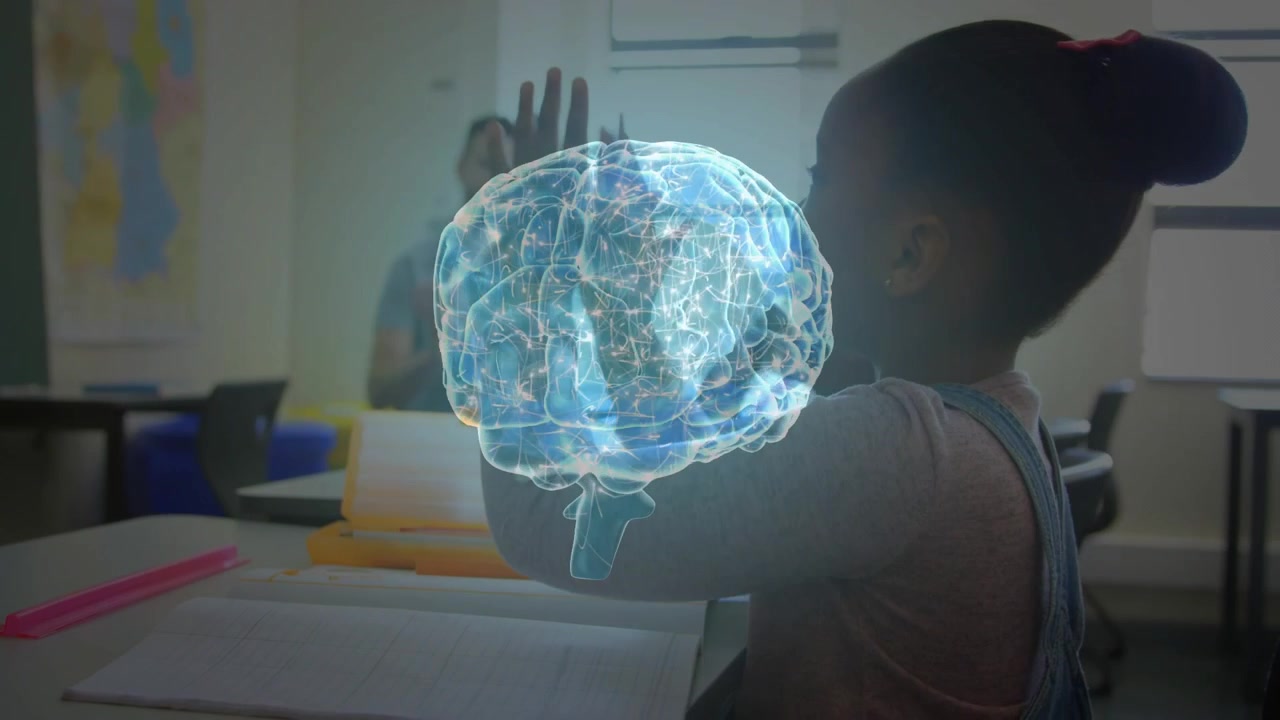 Female student holding holographic brain above head in classroom after brain appearing and rotating