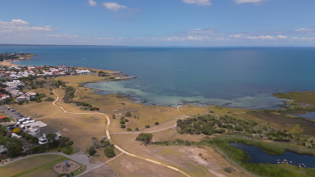 Horizontal panning drone footage of the Jawbone Marine Sanctuary located in Williamstown, a quiet town located west of Melbourne City.