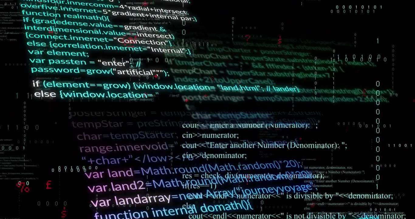 Programming code and data processing animation on dark background