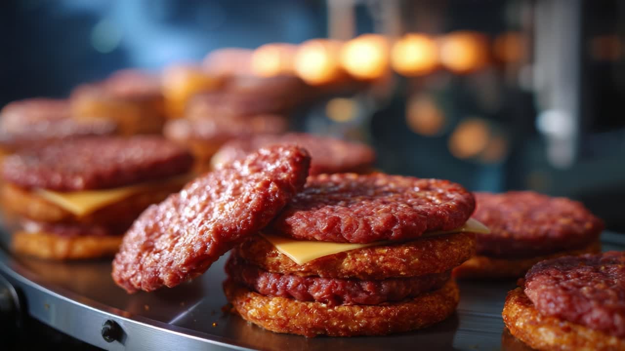 Mouthwatering Stack of Juicy Patties with Melting Cheese Being Cooked and Served on a Conveyor Belt in a Modern Fast-Food Environment