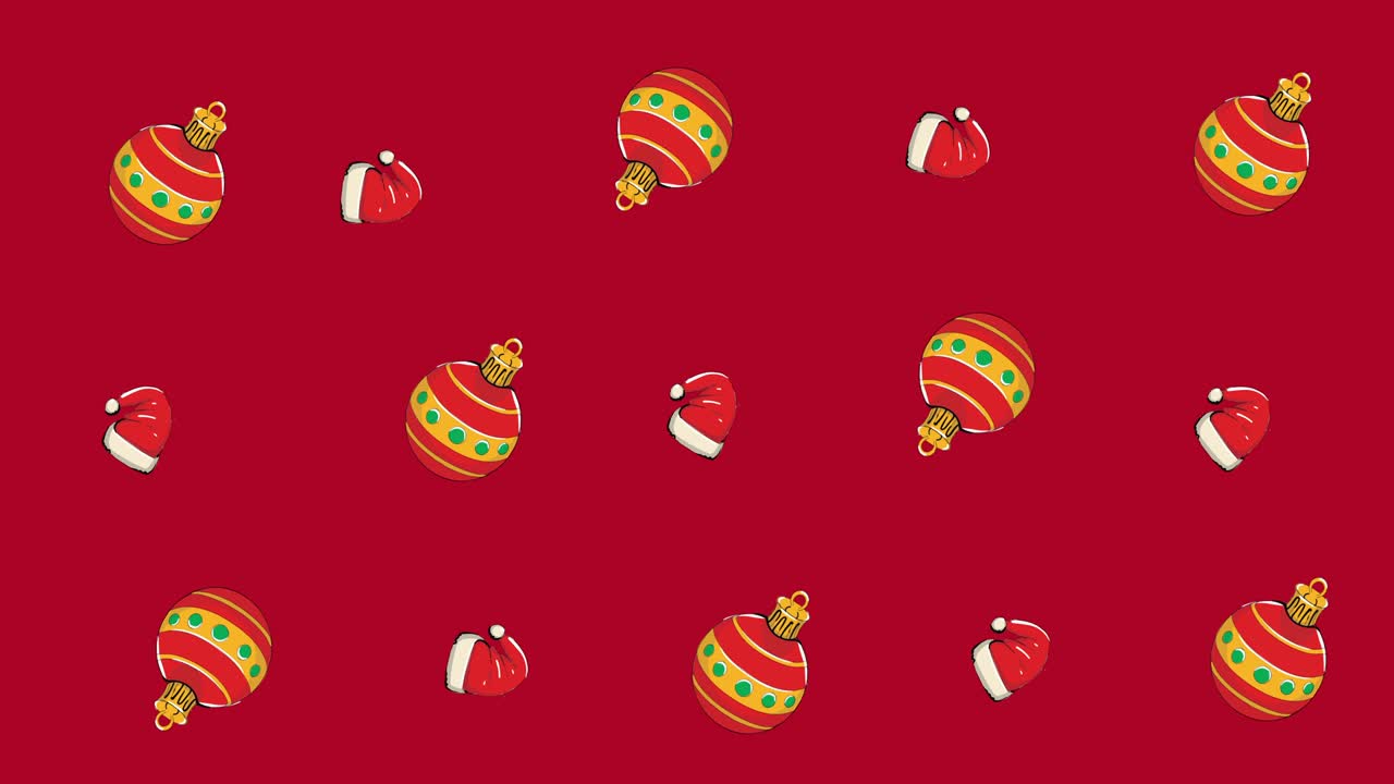 múltiples bolas de navidad y sombreros de santa moviéndose contra un fondo rojo