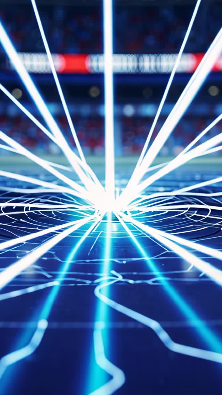 Video verticale: linee luminose convergenti che esplodono in fasci bianco-azzurri su una griglia da arena, file sfocate