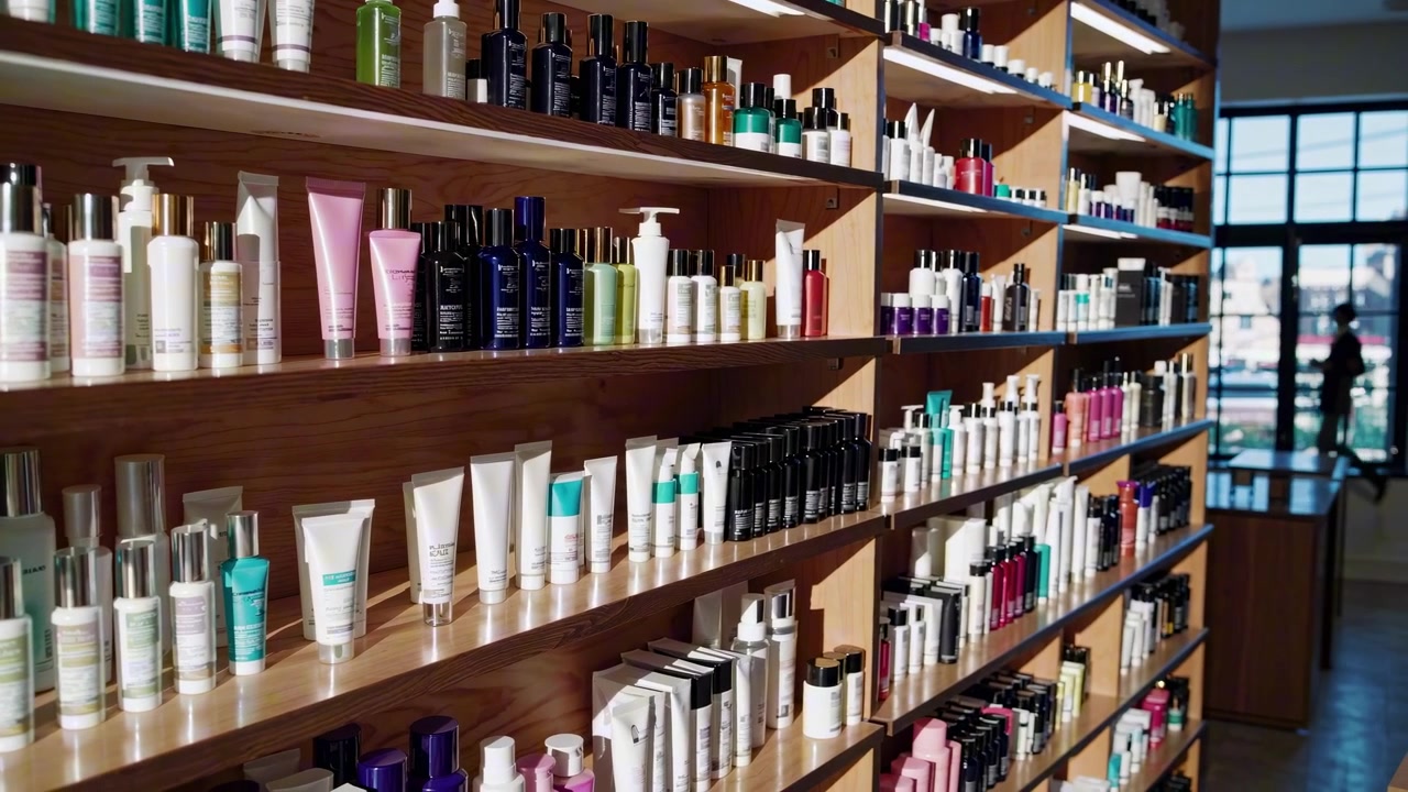 Prateleiras Cheias de Vários Produtos de Cuidados com a Pele e Beleza em uma Loja