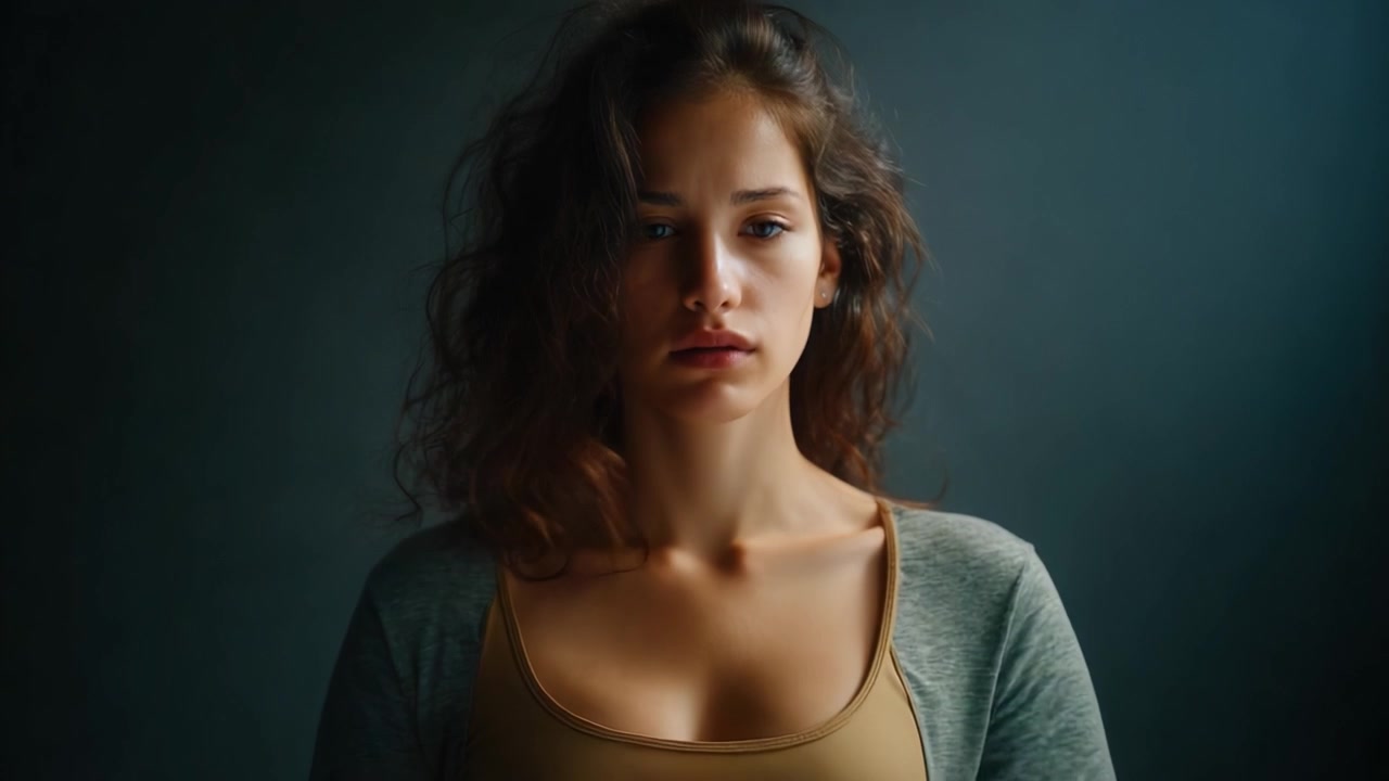 A contemplative young woman with curly hair expresses deep emotions in a moody, artistic setting capturing the complexity of human feelings and inner thoughts.