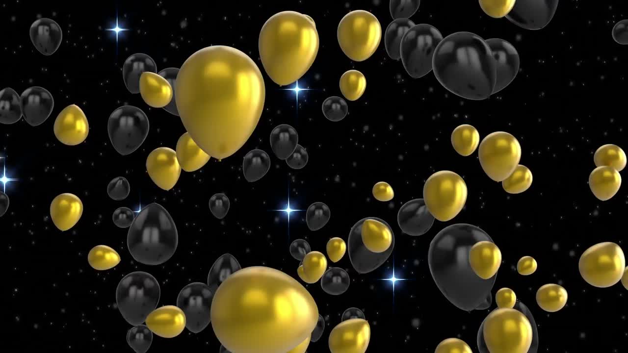 animación de globos y luces de colores volando sobre un fondo negro