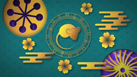 animación del símbolo de la rata china dorada sobre un fondo azul