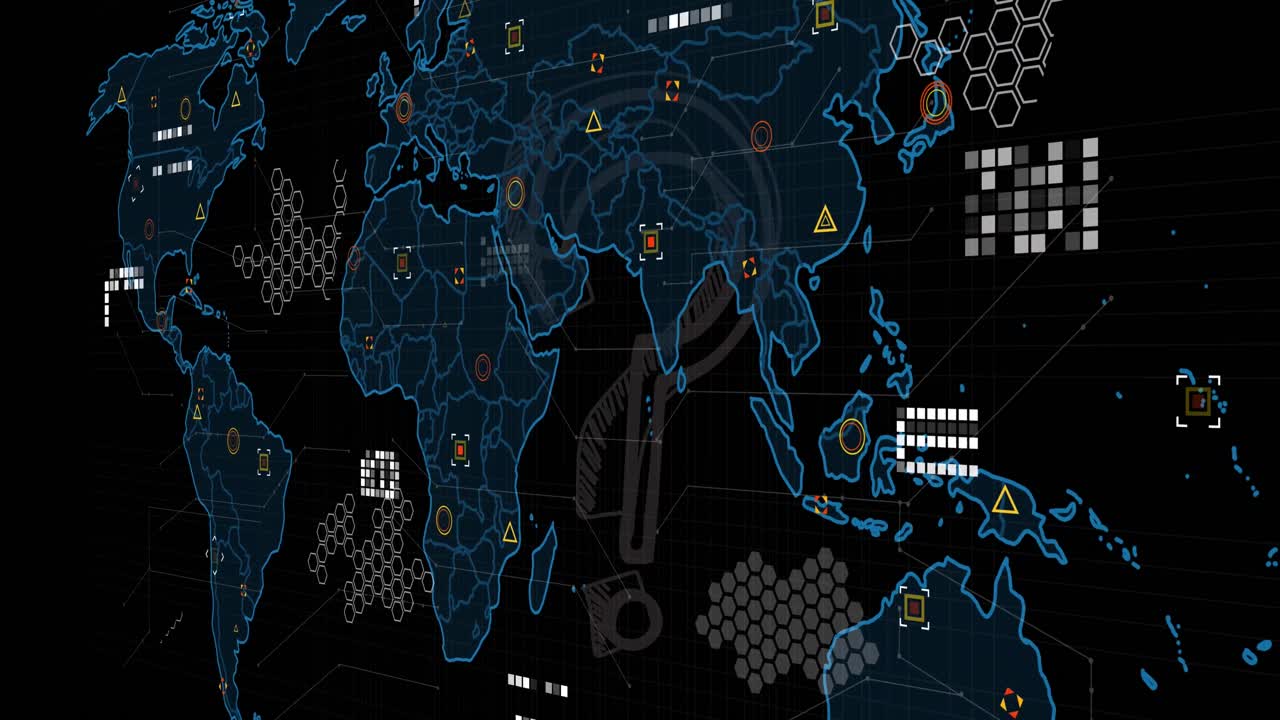 세계 지도와 검은색 배경에 질문표 위에 데이터 처리의 애니메이션