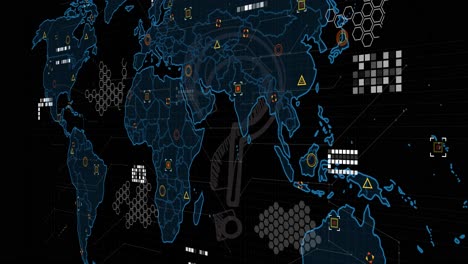 Animación-Del-Procesamiento-De-Datos-Sobre-El-Mapa-Mundial-Y-Signo-De-Interrogación-Sobre-Fondo-Negro