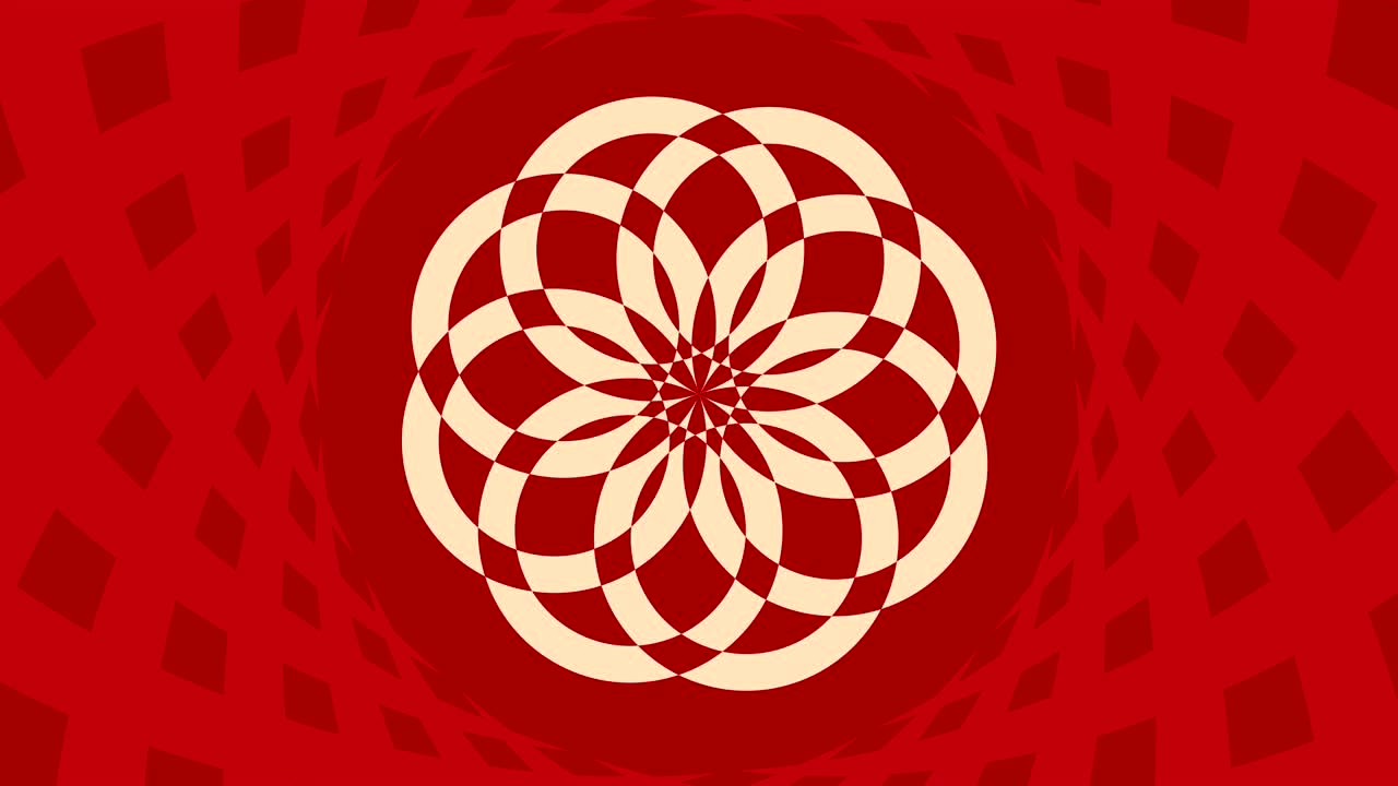 objeto gráfico que gira en el centro, aumentando y luego reduciendo el tamaño dentro de un marco gráfico, mientras que el fondo cambia rápidamente de color creando un efecto psicodélico, en formato de video 16: 9