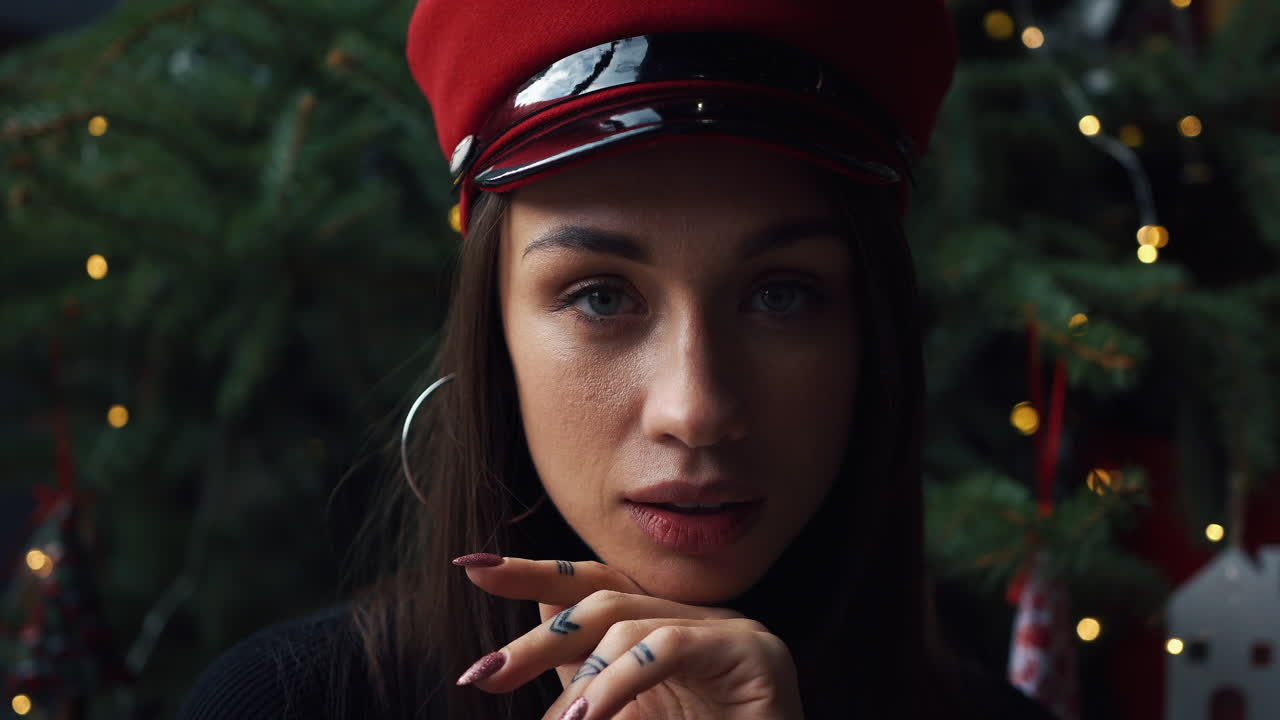 Ritratto di una donna con cappello rosso e tatuaggi