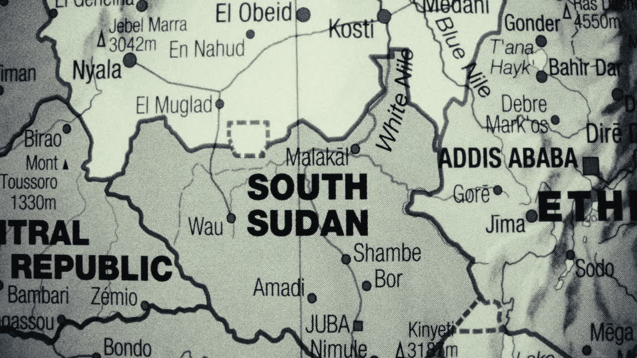 A detailed map showing South Sudan and surrounding African countries