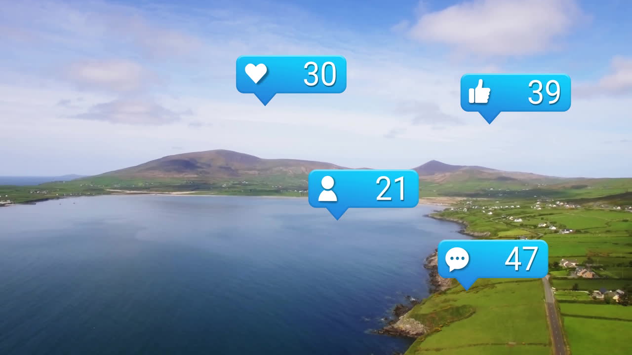 Animation of social media notifications floating over coastal landscape with mountains