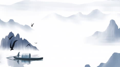 peaceful fantasy nature landscape, cartoon or anime watercolor digital painting atmospheric style of beautiful calm trees mountains, flowers, lake, water, birds, blue sky, boat, cherry blossoms season