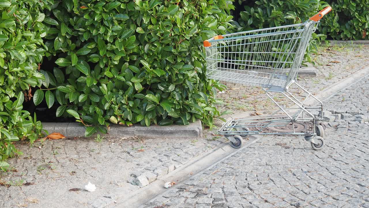 보행자 길 에 버려진 쇼핑 카트