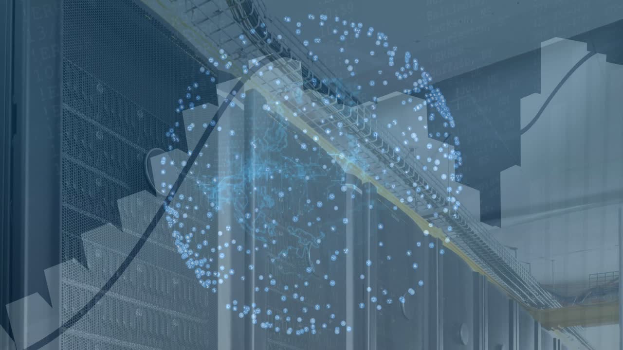 회전하는 지구의 애니메이션과 컴퓨터 서버 방에 대한 통계 데이터 처리