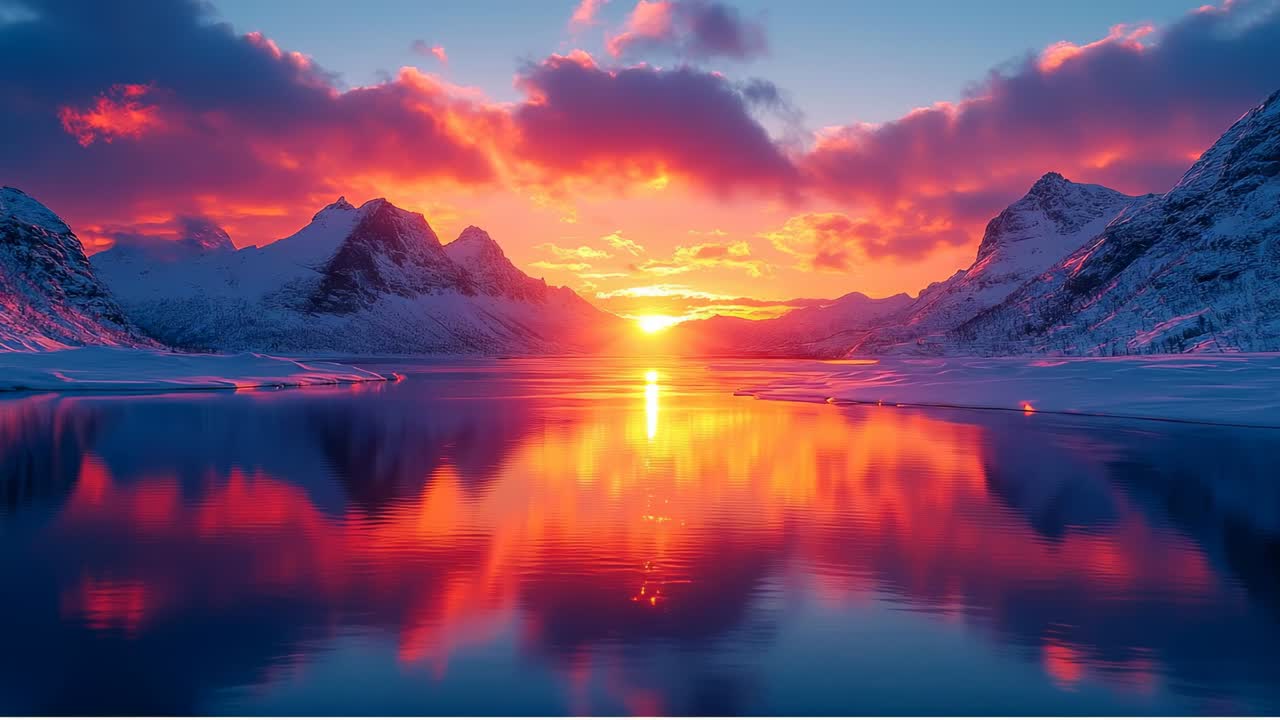 Tramonto montano sull'acqua. Il tramonto illumina il cielo sopra l'acqua e le montagne. I colori si riflettono nell'acqua calma al crepuscolo.