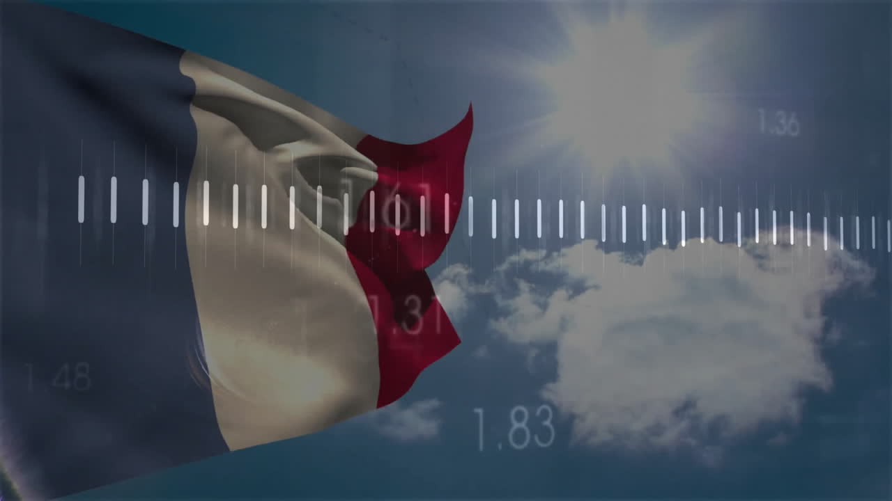 French flag waving with numerical data animation over sunny sky and clouds