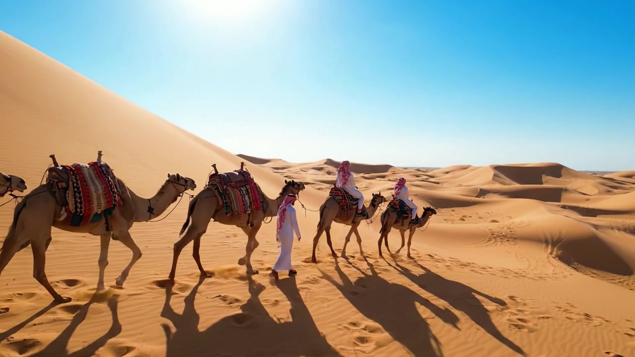 Un viaggio attraverso il vasto paesaggio desertico: Carovana di cammelli che attraversa le dune sotto un cielo azzurro e limpido