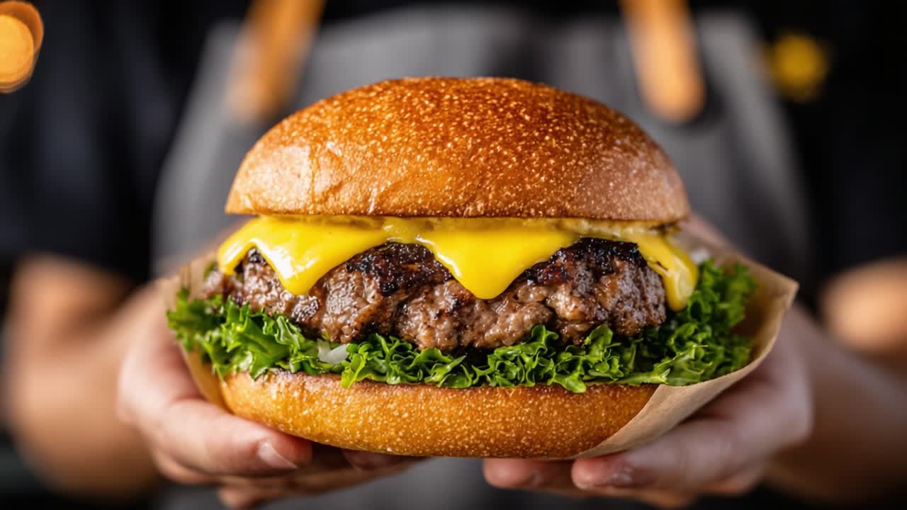 Delicious Cheeseburger with Fresh Lettuce and Melted Cheese Held by Hands, Showcasing a Perfectly Grilled Patty and Fluffy Brioche Bun