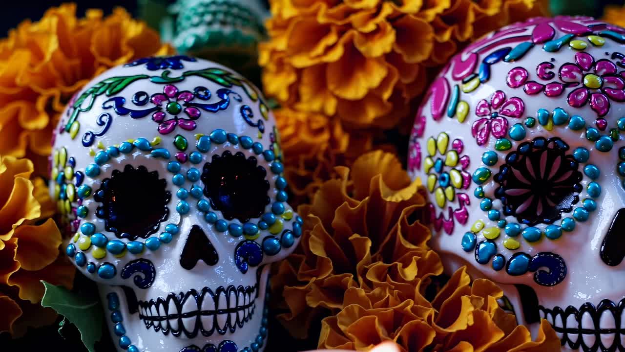 Angolazione ravvicinata di colorati teschi del Giorno dei Morti adornati con motivi floreali.
