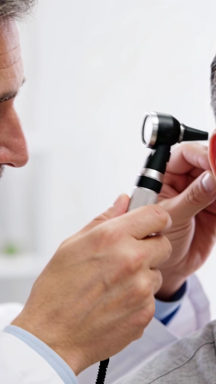 Video verticale: Medico in camice bianco che porta l'otoscopio, lo allinea e ispeziona l'orecchio destro in clinica