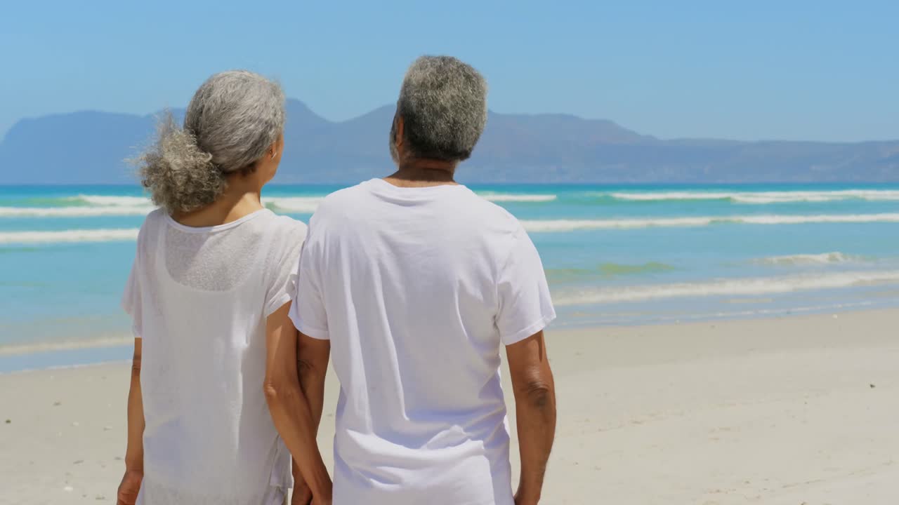 vista trasera de una pareja afroamericana senior activa tomándose de las manos y de pie en la playa 4k
