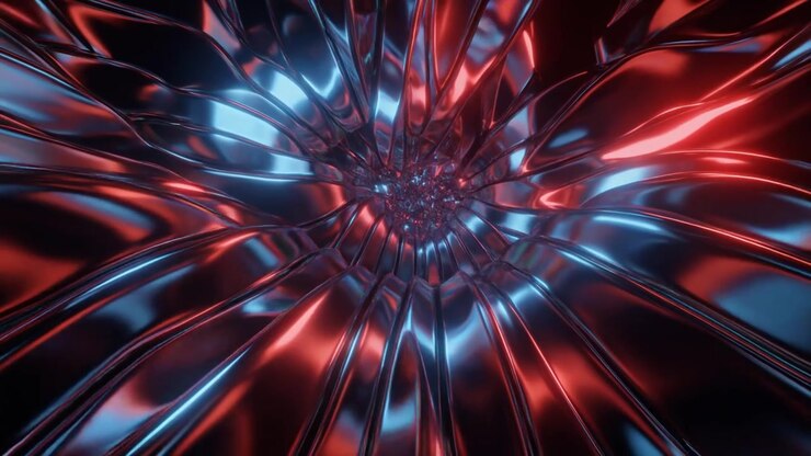 Abstract 3D Animation of Metallic Red and Blue Wavy Surfaces