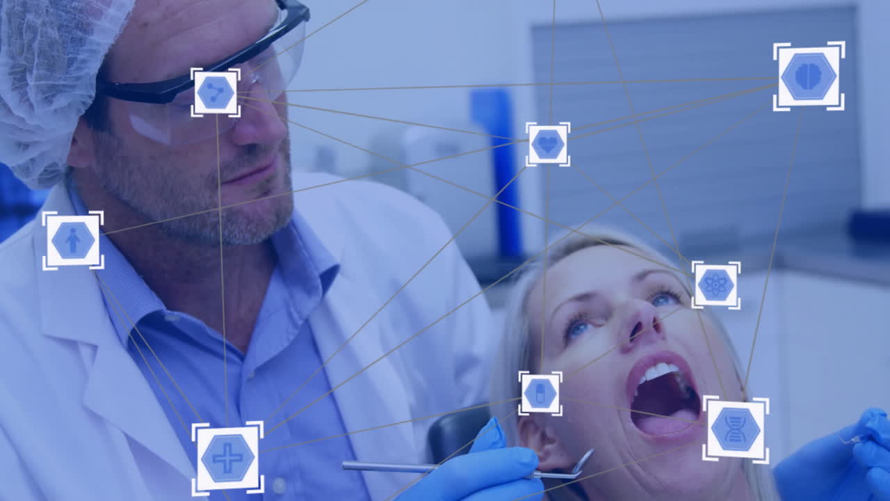 환자의 치아를 검사하는 치과 의사에 대한 의료 데이터 처리 애니메이션