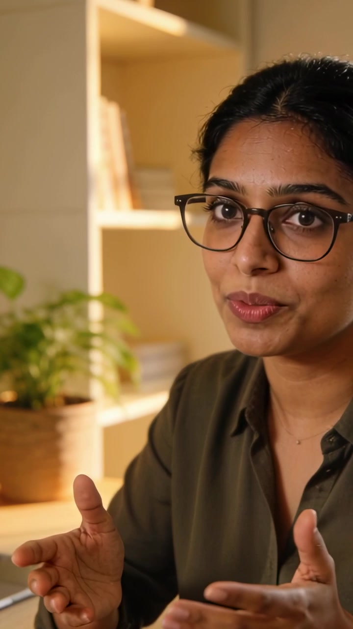 Vertical video: Leaning in host in olive top gesturing at desk with notebook explaining to camera