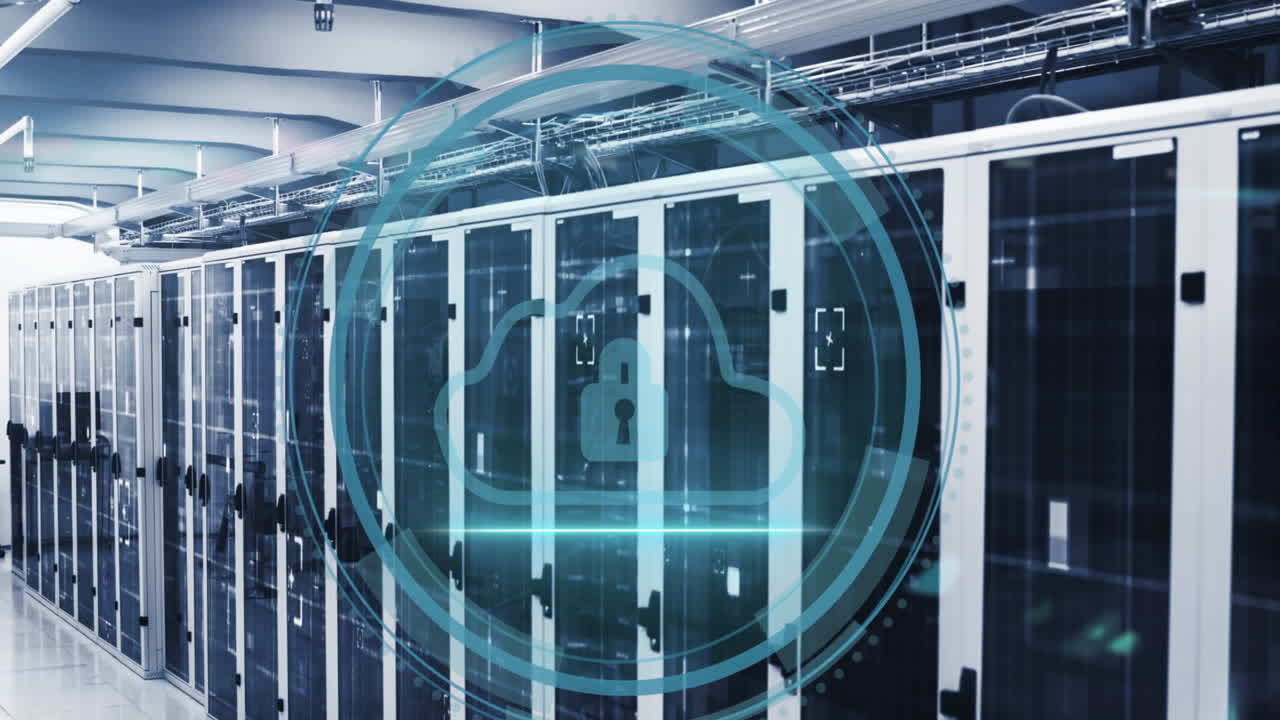 Animation of cyber security text banner over security padlock and cloud icon against server room