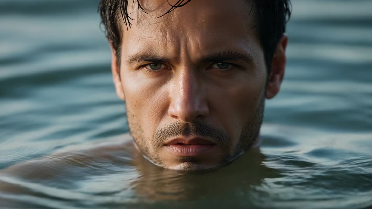Holding focus, adult man keeping head at waterline in calm sea, breathing creating ripples