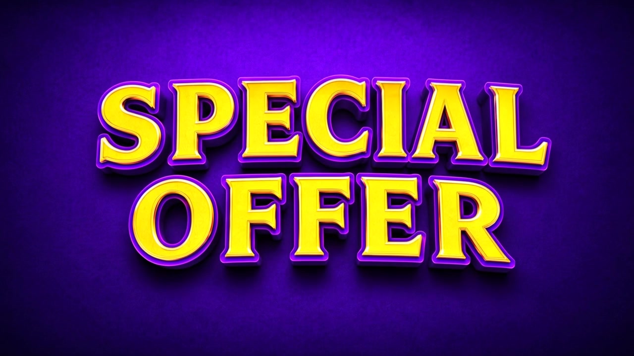 Offerta Speciale: titolo lussuoso in oro a rilievo con riflessi scintillanti su sfondo viola