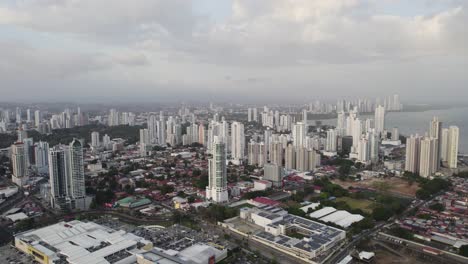 Panama-city's-punta-pacifica-skyline-on-a-cloudy-day,-aerial-view